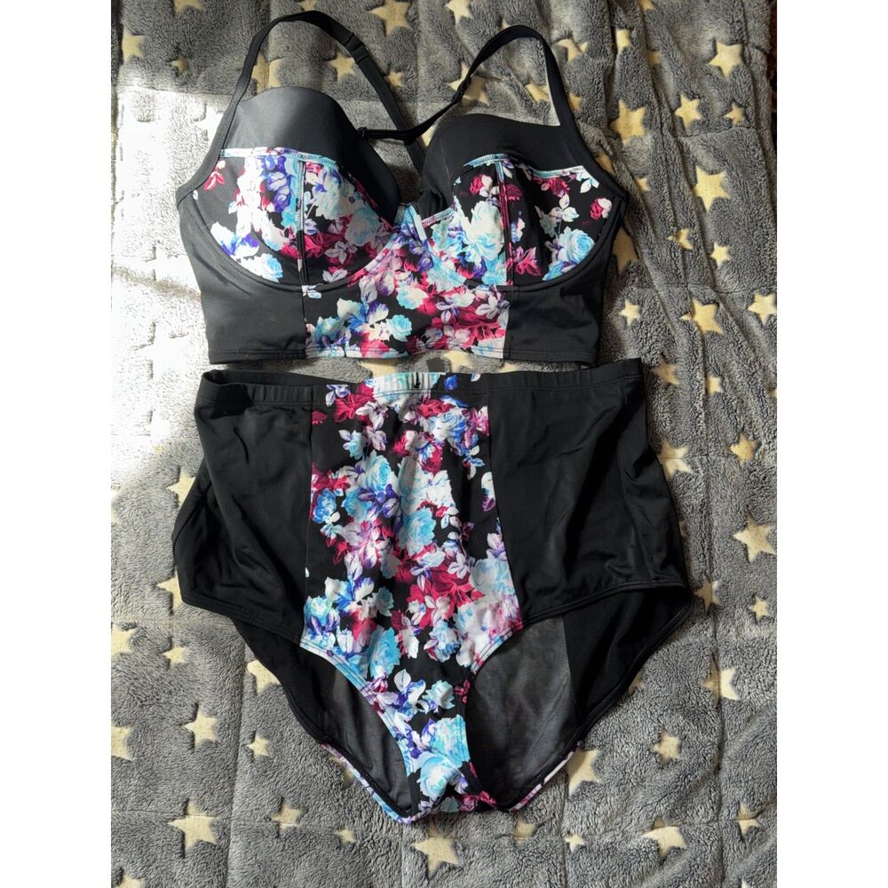 TORRID High Waisted Swim Bottoms & Top - floral/lattice 1X